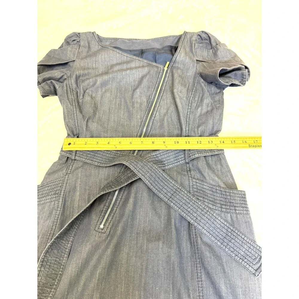 Karen Millen Navy Cotton Belted Asymmetric Zip Pockets Denim Dress Sz 6